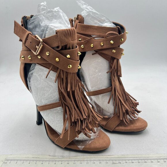FSJ Brown Tassels Gladiator Open Toe Stiletto High Heel Fringed Rivets Sandals - Picture 4 of 8